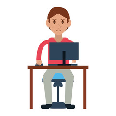 young boy uses computer desk chair design vector illustration eps 10