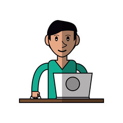 cartoon young man using laptop on desk vector illustration eps 10