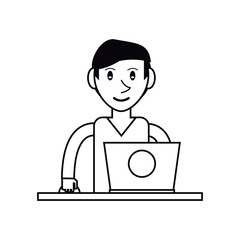 pictogram young man using laptop on desk vector illustration eps 10