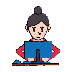 cartoon cute girl using blue computer working vector illustration eps 10