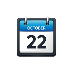October 22. Calendar icon.Vector illustration,flat style.Month and date.Sunday,Monday,Tuesday,Wednesday,Thursday,Friday,Saturday.Week,weekend,red letter day. 2017,2018 year.Holidays.