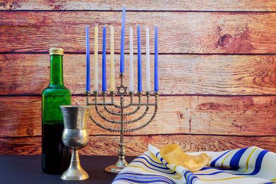 Jewish Holiday Hanukkah Wine Taliit Beautiful Menorah