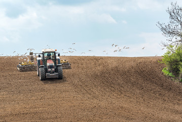 Obraz premium Large view on the tractor harrowing the field in spring season
