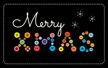 Vector illustration. Greeting "Merry Xmas" written with clothing buttons and embroidery. Horizontal format, black background.