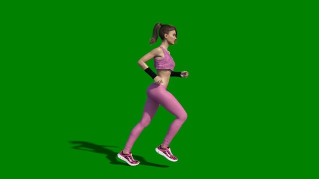 Athletic woman running, fitness girl jogging on green background, side view