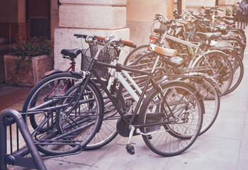 Bicycles parked on a street