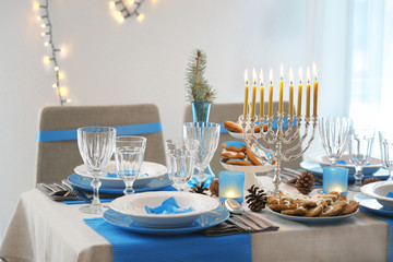 Interior of beautiful living room decorated for Hanukkah