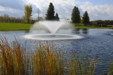Beautiful fountain splashing in the park pond on a summer day