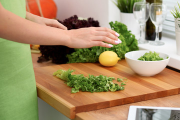 Closeup of woman hands cooking vegetables salad in kitchen. Healthy meal and vegetarian concept.