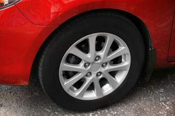 Red car wheel, close up