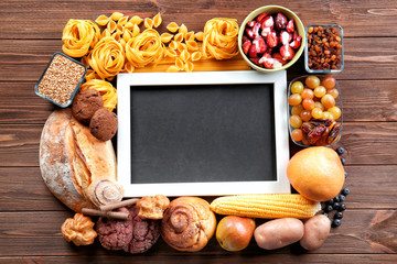 Black board and ingredients for cooking