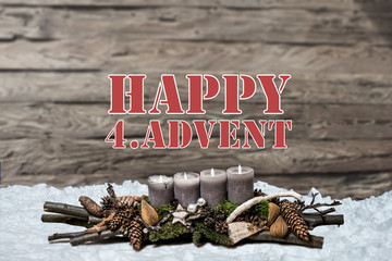 Merry Christmas decoration advent burning grey candle Blurred background snow text message englisch 4th
