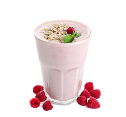 Fresh milkshake with raspberry isolated on white