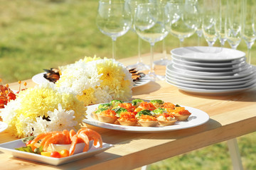 Table setting for buffet catering party, close up view