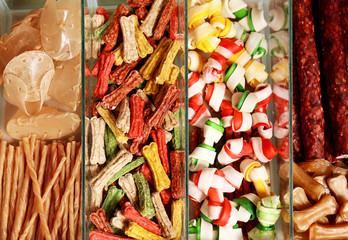 Various dog food in pet shop