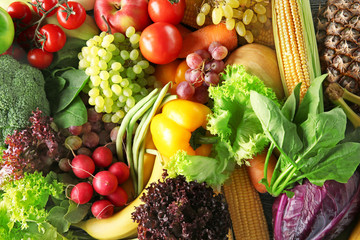 Fruits and vegetables background, closeup