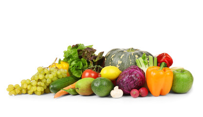 Group of fresh vegetables and fruits on white background