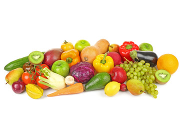 Group of fresh vegetables and fruits on white background