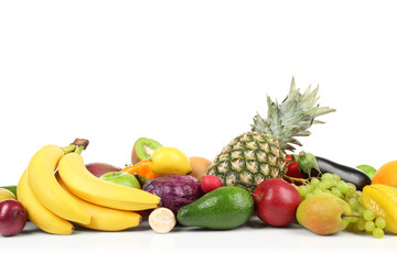 Plakat Group of fresh vegetables and fruits on white background, closeup