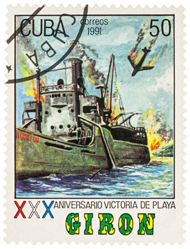 Sea battle at the Playa Giron on postage stamp