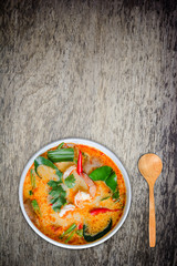Tom yam kong or Tom yum, Tom yam is a spicy clear soup typical i