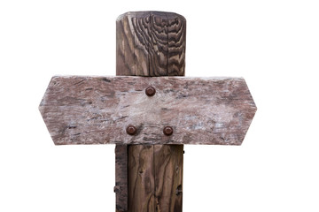 Weathered wooden signpost with empty sign isolated on white