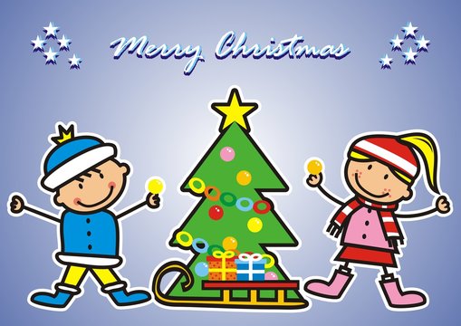 Christmas post card, kids and christmas tree