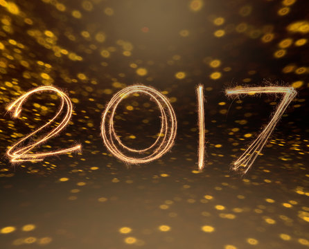 happy new years 2017 fireworks Sparkle alphabet on gold bokeh background. HAPPY NEW YEAR concept.