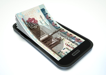 3D rendered Mobile phone with Egypt money coming out of it isolated 