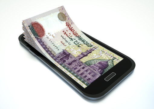 3D rendered Mobile phone with Egypt money coming out of it isolated 
