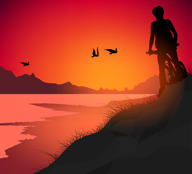 Lake scene vector silhouette people young woman cycling nature background