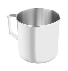 Upper open stainless gutter cup with handle on white background.