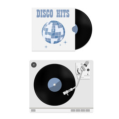 Obraz premium Vector illustration of vinyl record in cover with party disco ball hits. Vinyl player with vinyl record vector, record player, old, disco, gramophone