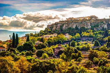Keuken spatwand met foto View on Acropolis from ancient agora, Athens, Greece. Beautiful landscape photography at dawn with ruins of classical greek architecture. © romas_ph