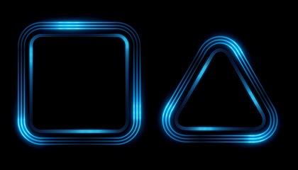 Glowing frames black background. Square glow borders. Sparkling geometric light banner. Luminous triangle light shape. Shining triangular forms. Neon sign. Bright sign with flares and sparkles. LED