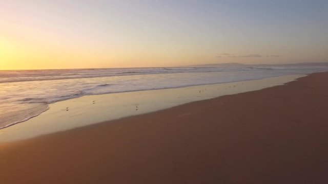Low flying aerial shot at the beach in California begins over the sandy beach and flies over the water to see the waves crashing. Taken near sunset with beautiful golden light, seagulls/birds flying.