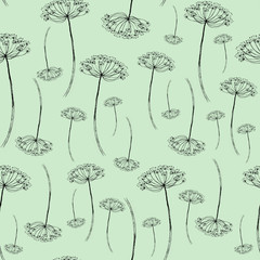Vintage seamless pattren with floral pattern. The branches, dried flowers, inflorescence, dill, umbrella. Drawing made in black ink on an isolated background. Use for various design