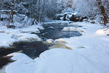River landscape in winter with snow and ice