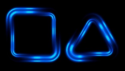 Glowing frames black background. Square glow borders. Sparkling geometric light banner. Luminous triangle light shape. 
Shining triangular forms. Neon sign. Bright sign with flares and sparkles. LED