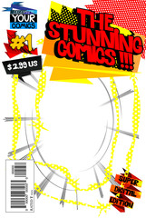 Editable comic book cover template, customizable title, bar code and other elements.
