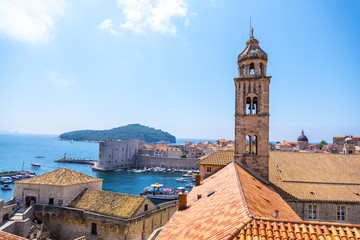 Fototapeta na wymiar Church tower of the Old City of Dubrovnik (Croatia), a city on the Adriatic Sea, It is one of the most prominent tourist destinations in the Mediterranean