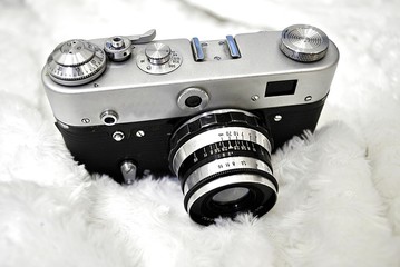 Old film camera/ Old film photo camera on white background - 128332456