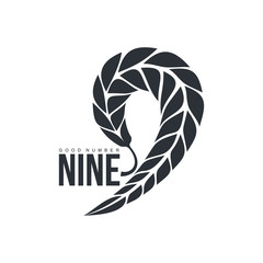 Black and white number nine logo template formed by wheat ear, vector illustration isolated on white background. Black and white number nine graphic logotype for farm, organic products