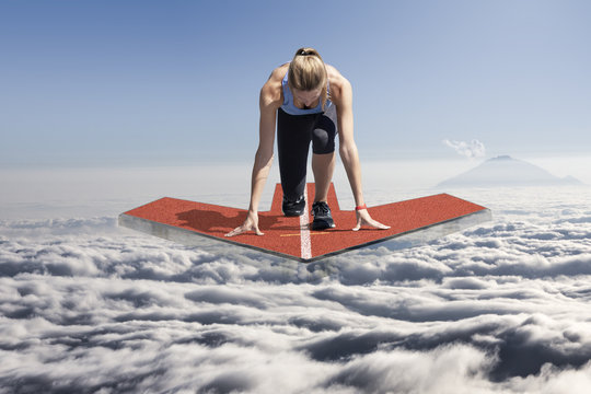 Female runner arrow platform above clouds