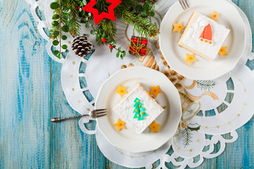 Delicious, traditional cheesecake. Christmas decoration.