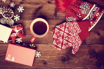 Christmas decorations on a rustic wood background, vintage retro