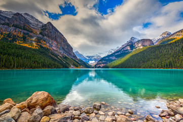 Lake Louise in scenic Banff National Park in the Canadian Rocky Mountains in autumn
