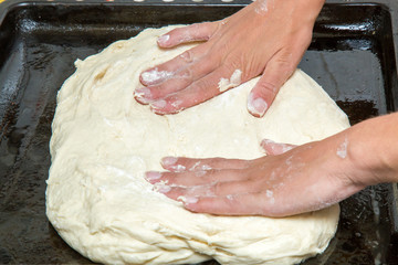 Hands knead the dough in the pan to bake cake. Homemade pastries for Christmas time in the kitchen....