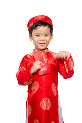 Little Vietnamese boy holding red envelops for Tet. The word mea