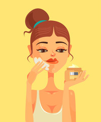 Woman character smear face cream. Vector flat cartoon illustration